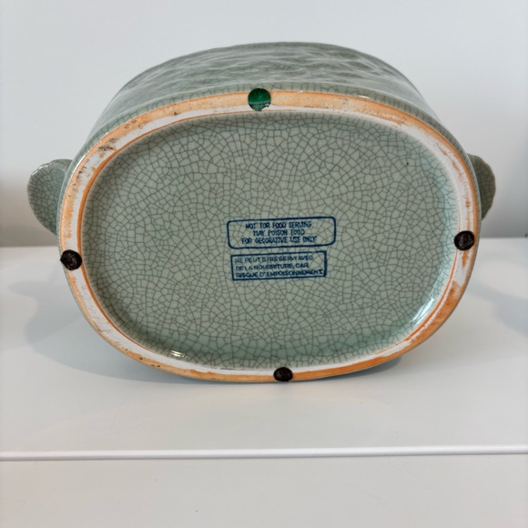 Vintage Chinese celadon crackle glaze porcelain planter oval shaped plant pot - Picture 8 of 11